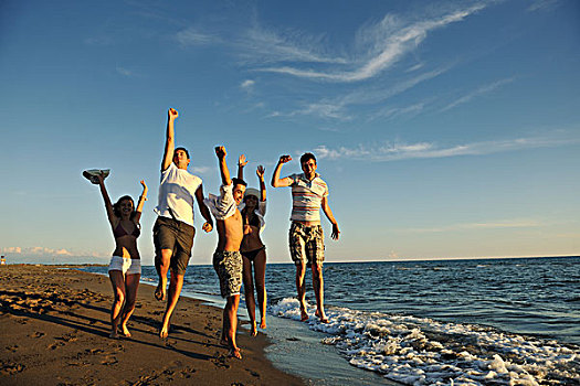 高兴,年轻人,群体,开心,白人,跑,跳跃,日落,时间