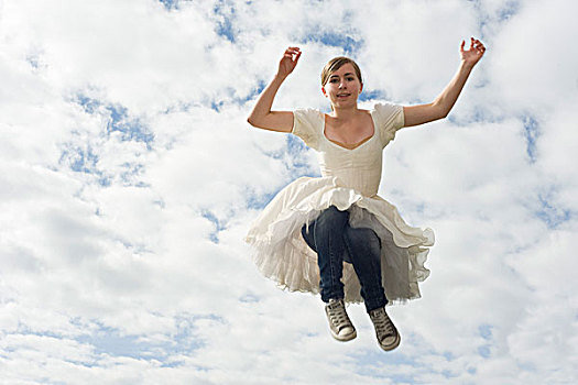 女青年,穿,芭蕾舞女,服装,蓝色牛仔裤,跳跃,空气
