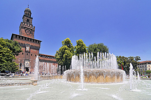 喷泉,正面,入口,斯福尔扎城堡,米兰,伦巴第,意大利