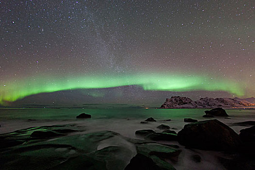 海滩,北极光,罗弗敦群岛,挪威,欧洲
