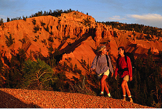 两个女人,远足,岩石,风景