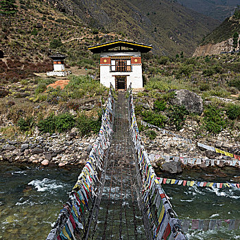 吊桥,木头,链子,不丹,河,靠近,宗派寺院