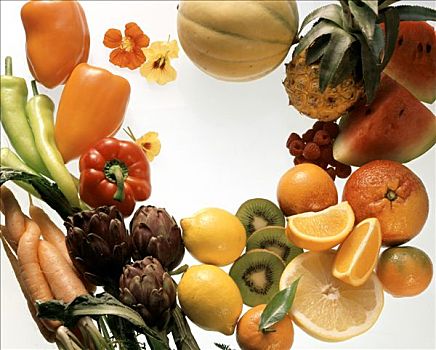 水果静物,蔬菜,食用花卉,圆,边界
