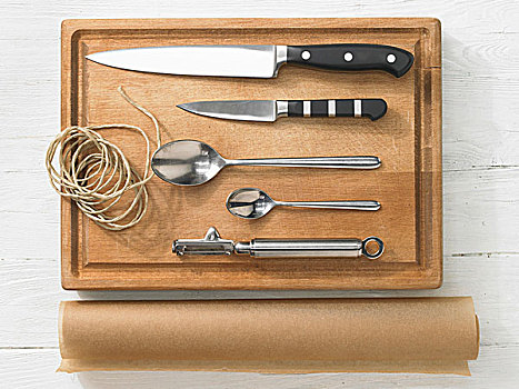多样,厨具,刀,勺子,去皮器,褐色,线,烤盘纸