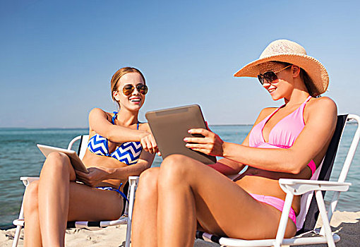 暑假,旅行,科技,人,概念,微笑,女人,平板电脑,电脑,日光浴,休闲,海滩