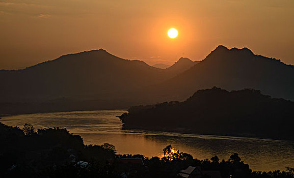 老挝,琅勃拉邦,日落,风景,攀升,大幅,尺寸