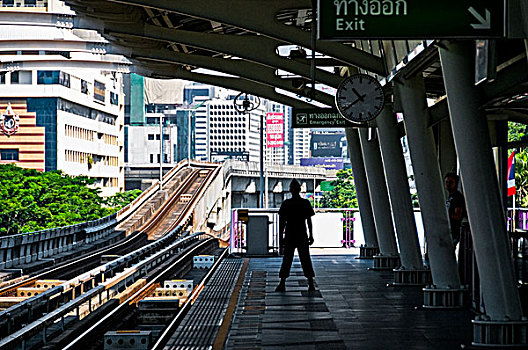 剪影,保安,高架列车,站台,车站,曼谷