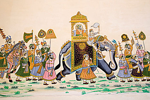绘画,墙壁,宫殿,城市宫殿,乌代浦尔,拉贾斯坦邦,印度