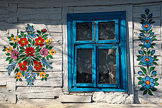 蓝色,窗户,传统,老,木质,房子,涂绘,彩色,花,乡村,靠近,小波兰省,波兰,欧洲