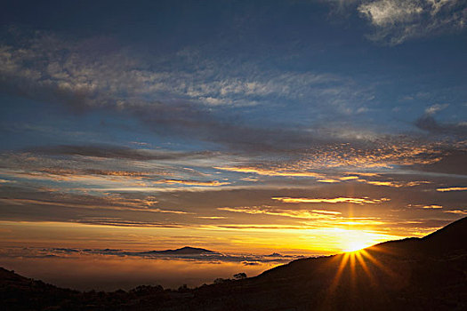 风景,莫纳克亚,斜坡,火山,顶峰,剪影,云,层次,日落,夏威夷大岛,夏威夷,美国