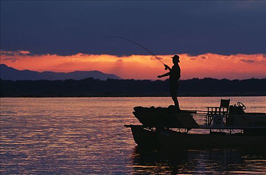 赞比亚,赞比西河下游国家公园,飞钓,虎,鱼,驳船,赞比西河,黎明