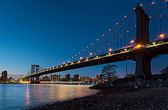 曼哈顿大桥,河岸,夜晚,纽约,美国