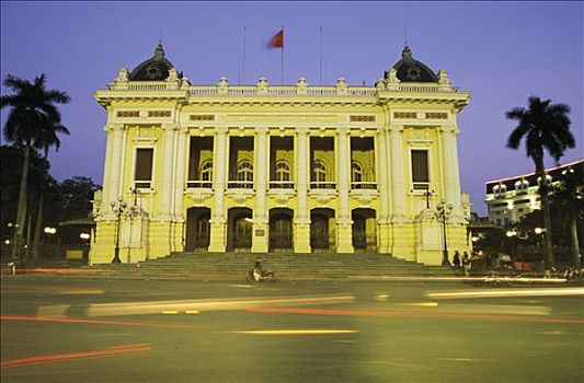 越南,河内,建筑,歌剧院,车灯,摩托车,正面,楼梯