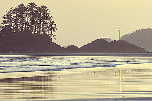 海滩,日落,灯塔,背景,环太平洋国家公园,自然保护区,温哥华岛,不列颠哥伦比亚省,加拿大