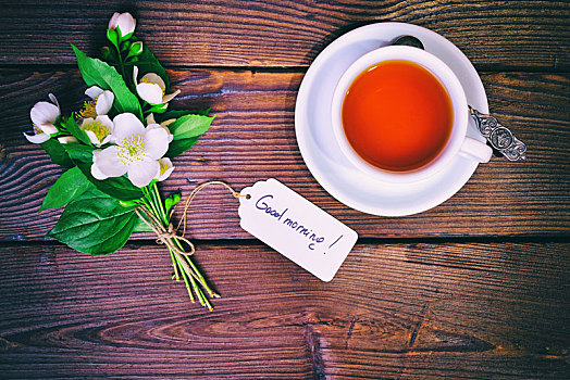 茶杯,花束,花,茉莉,纸,标签