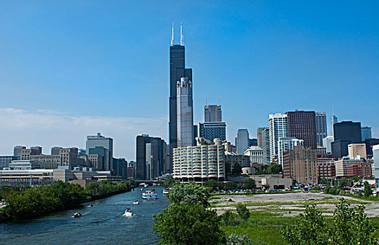 芝加哥,伊利诺斯,天际线,南方,芝加哥河,枝条,希尔斯大厦,塔,背影,摩天大楼