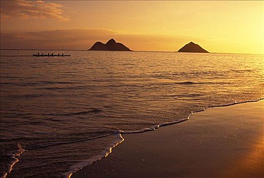 夏威夷,瓦胡岛,莫库鲁阿岛,岛屿,舷外支架,独木舟,桨手,日出