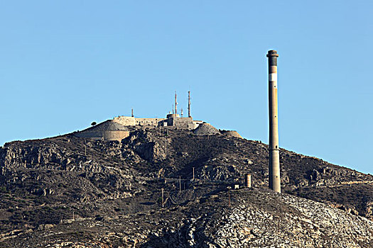 老,要塞,烟囱,上面,山,卡塔赫纳,西班牙