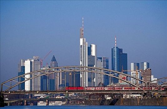 法兰克福,桥,天际线,列车,铁路,德国,摩天大楼,写字楼