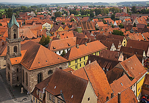 远眺,屋顶,中世纪,城镇,丁克尔斯比尔,弗兰克尼亚,巴伐利亚,德国,欧洲