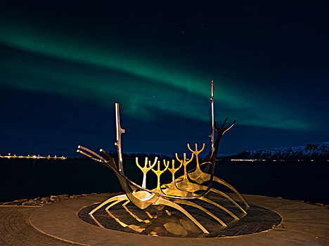 地标,雷克雅未克,冰岛,太阳,雕塑,不锈钢,港口,艺术家,夜景,北极光,大幅,尺寸
