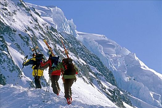 极限,滑雪者,攀登,冰河,滑雪,德纳里峰国家公园,山脉,阿拉斯加