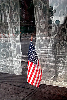 美洲,旗帜,窗户,帘,街道,反射,玻璃,纽约