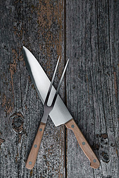 切肉刀,叉子,乡村,木板