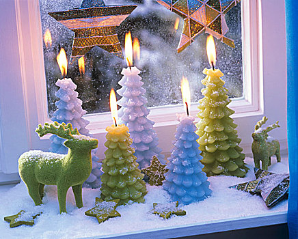 圣诞节,蜡烛,星,驯鹿,窗户