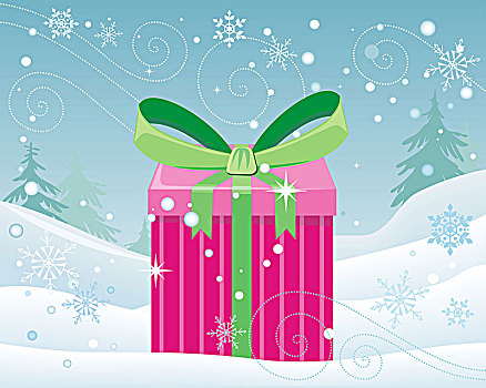 圣诞节,粉色,礼盒,蝴蝶结,雪景,绿色,背景,卡通,礼物,假日,概念,惊讶,新年,有趣,插画,孩子,风格,矢量