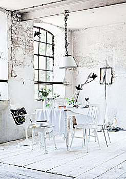 餐桌,桌布,白色,椅子,正面,格子,窗户,荒废,房间,工厂