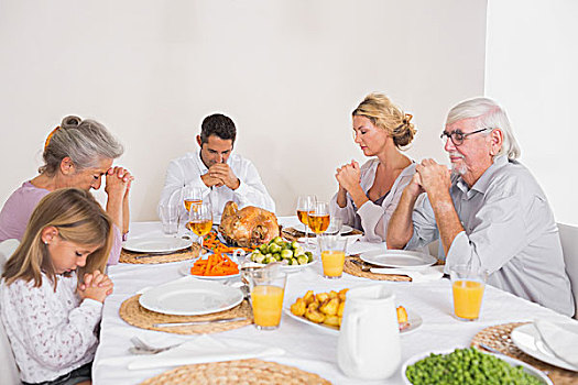 家庭,饭前祷告,吃,火鸡,餐饭