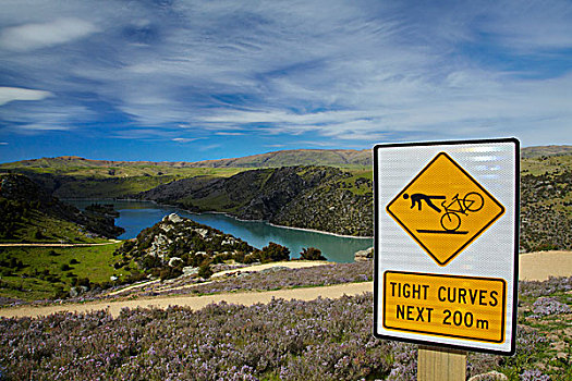 警告标识,峡谷,走,中心,奥塔哥,南岛,新西兰
