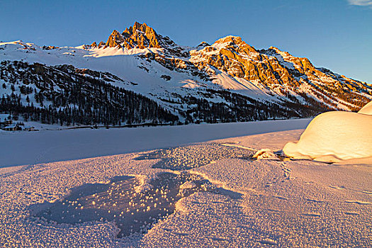 冰冻,日落,山,冬天,恩加丁,瑞士
