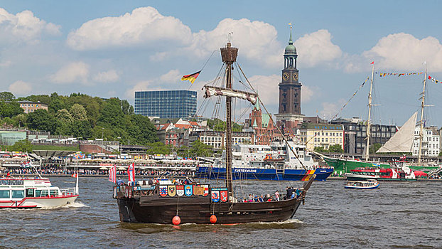 船,易北河,正面,码头,港口,汉堡市,后面,教堂,德国,欧洲