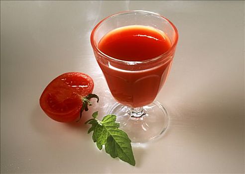 玻璃杯,番茄汁,一半,西红柿,叶子,旁侧