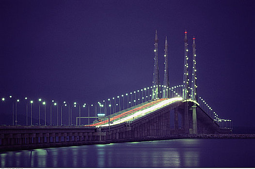 槟城,桥,夜晚,马来西亚