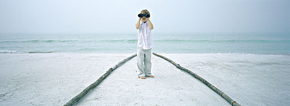 男孩,看穿,双筒望远镜,海滩