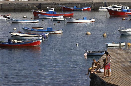 西班牙,加纳利群岛,小,渔船,港口,人,码头