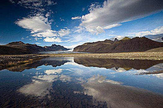 云,反射,河,瓦特纳冰川国家公园,国家,公园,冰岛南部,欧洲