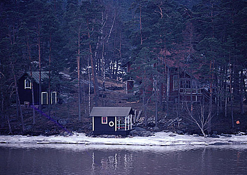 瑞典,小屋,木头,靠近,水边