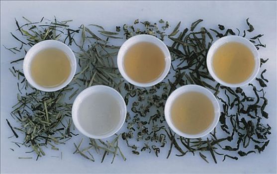 绿茶,小碗,围绕,茶叶