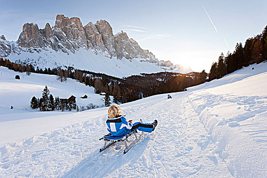 滑雪橇,漂亮,日落,背景,博尔查诺,省,南蒂罗尔,特兰迪诺,意大利,欧洲