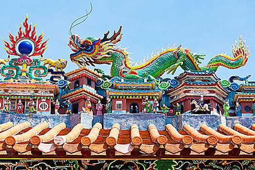 龙,雕塑,中式,上面,庙宇,屋顶