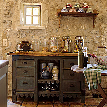 储藏罐,老,厨房,抽屉,正面,乡村,天然石,墙壁