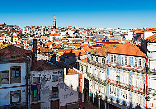 屋顶,房子,塔,远景,蓝天,波尔图,葡萄牙