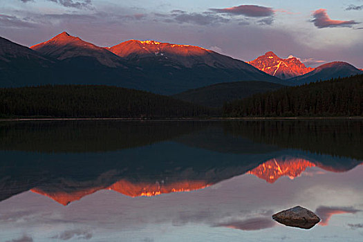 山,反射,湖,加拿大,落矶山,日落