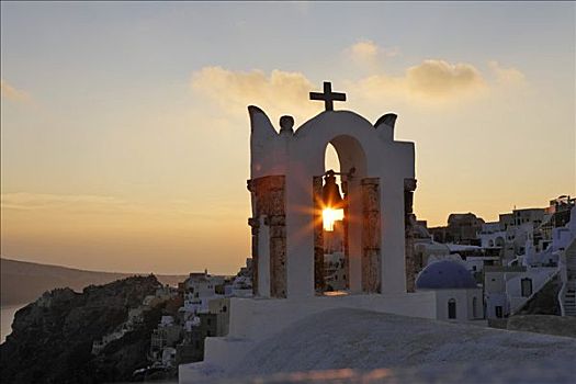 钟楼,小教堂,日落,锡拉岛,希腊