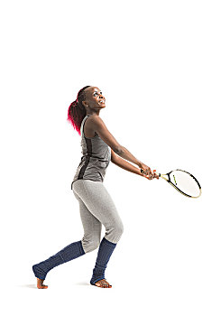全身像,年轻,非洲女人,玩,网球,地点,健康生活,隔绝,白色背景