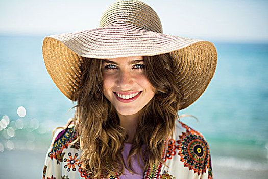 头像,高兴,美女,戴着,遮阳帽,特写,海洋